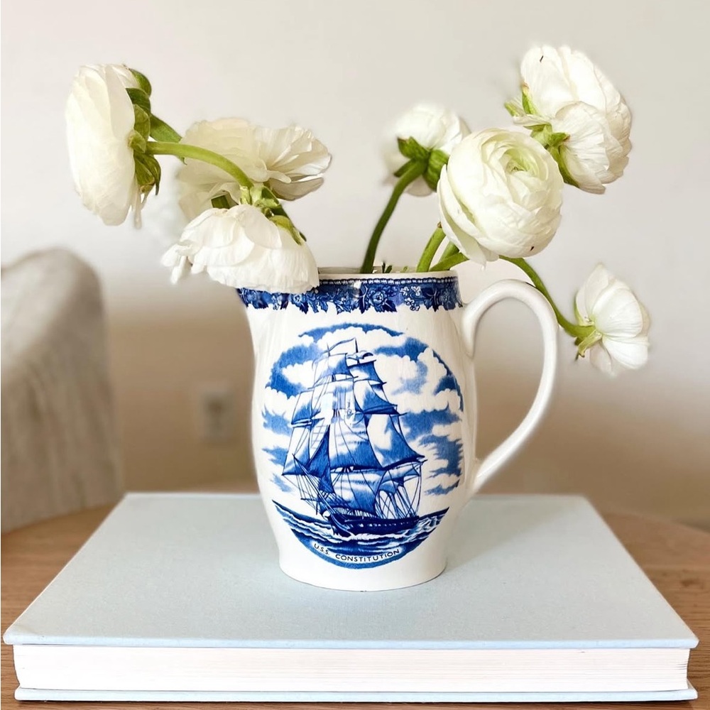 Blue and White Nautical Mug with Flowers